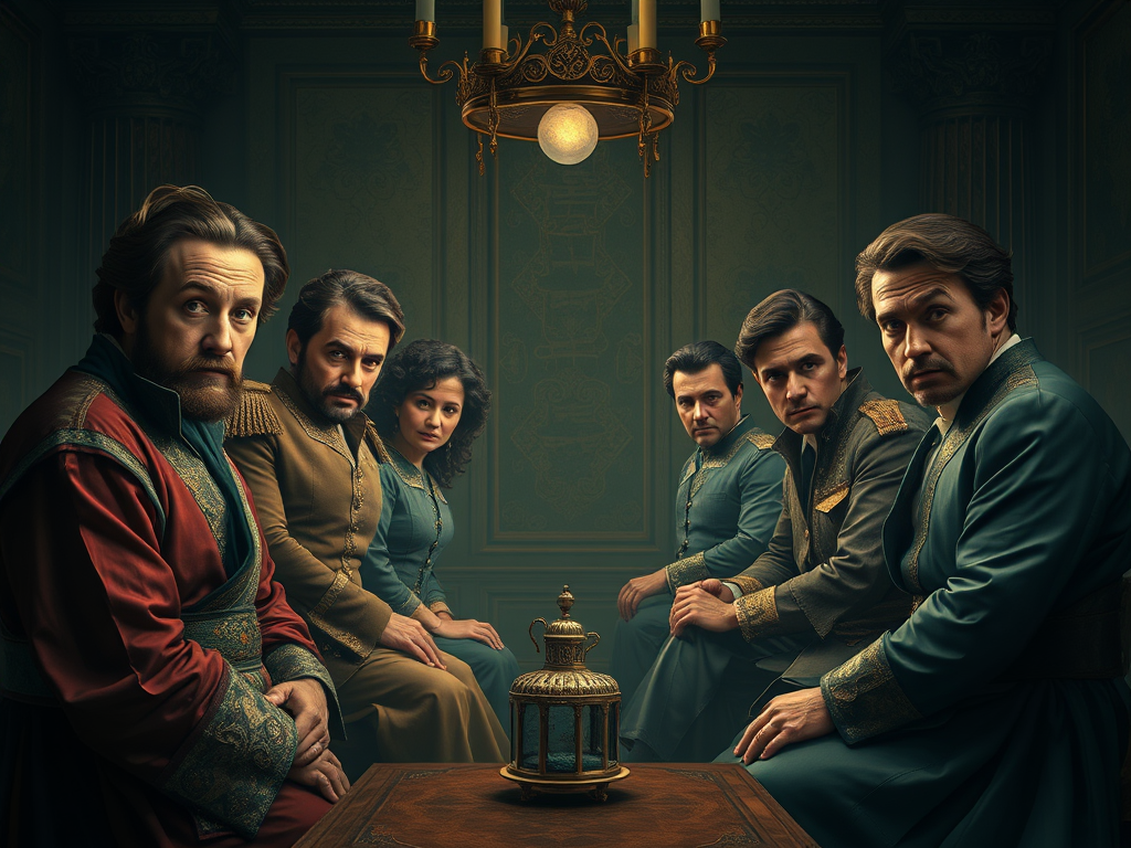 Группа людей в исторических костюмах сидит за столом в уютной комнате с chandelier.